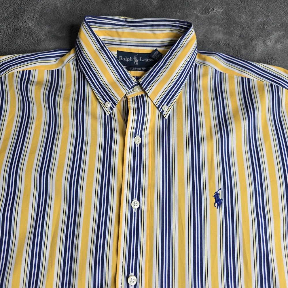Polo Ralph Lauren Mens L Button Down L/S Shirt Yellow Blue Stripe Navy Pony